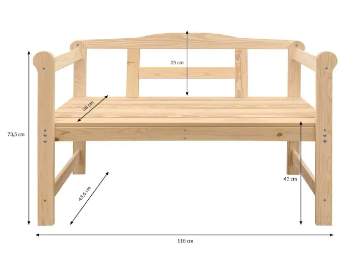 Drewniana ławka ogrodowa: wysokość 73,5 cm, szerokość 118 cm, głębokość siedziska 38 cm. Wymiary ławki ogrodowej są kluczowe.