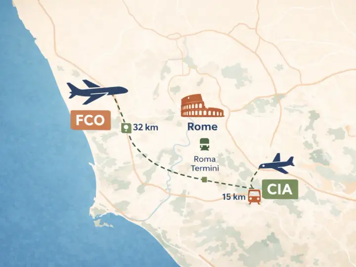 Mapa Rzymu: lotnisko Fiumicino (FCO) 32 km od centrum, lotnisko Ciampino (CIA) 15 km od dworca Roma Termini.