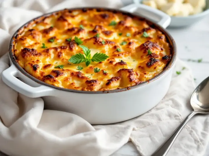 Un gratin de légumes doré et gratiné, garni de persil frais, prêt à être dégusté.