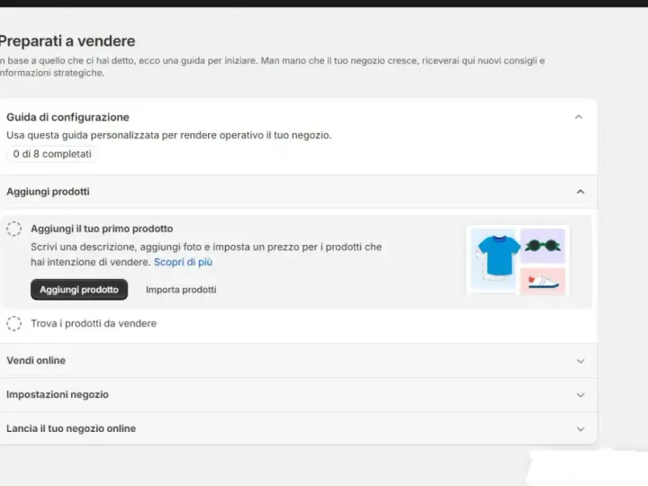 Guida per creare un sito con Shopify: aggiungi il tuo primo prodotto, imposta prezzi e foto.