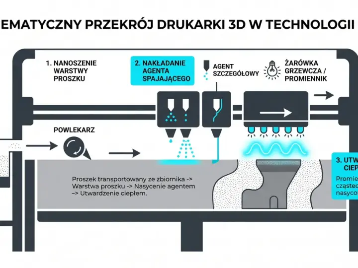 Schemat budowy drukarki 3D MJF: nanoszenie proszku, nakładanie agenta spajającego i utwardzanie ciepłem.