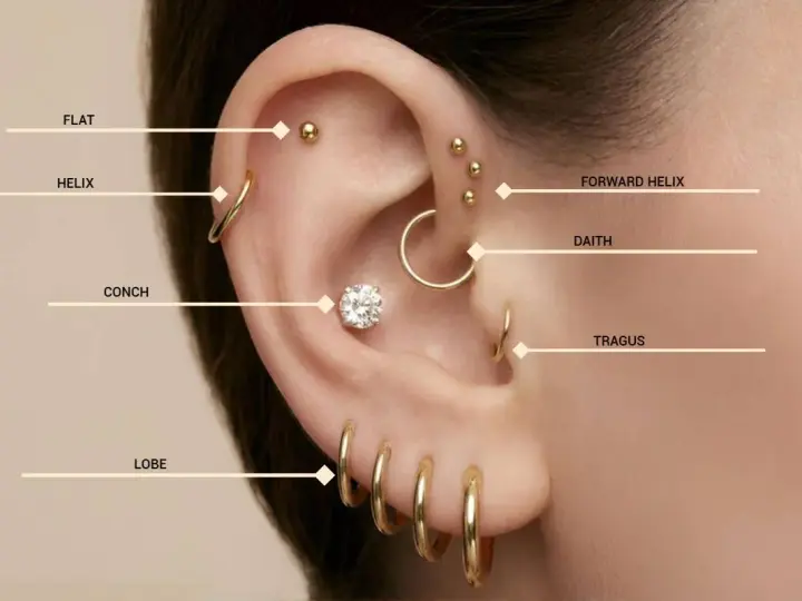 Przewodnik po dziurkach w uszach: flat, helix, conch, lobe, forward helix, daith, tragus.
