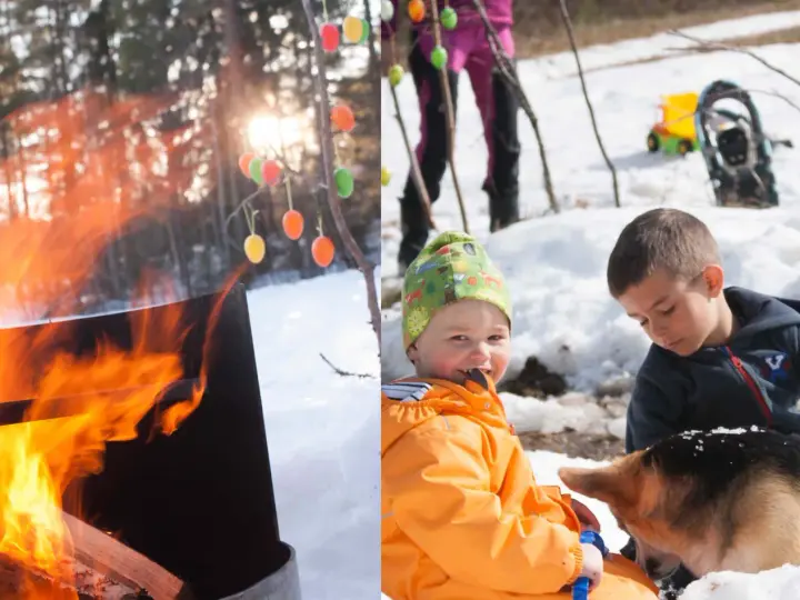 Varm eld och färgglada påskägg i snön. Barn och hund njuter av påsklekar utomhus.