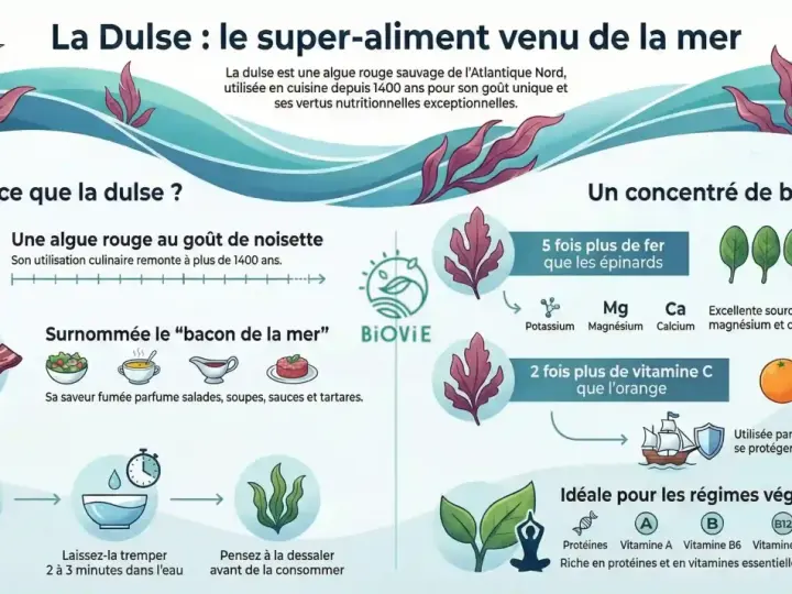 L'algue dulse, rouge et au goût de noisette, est un super-aliment de l'Atlantique Nord, surnommée "bacon de la mer". Elle est riche en fer et vitamine C.