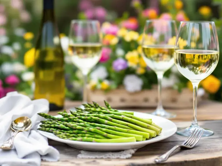 Un plateau d'asperges vertes fraîches, une bouteille de vin blanc et deux verres remplis de vin, parfaits pour savoir quel vin avec asperges.