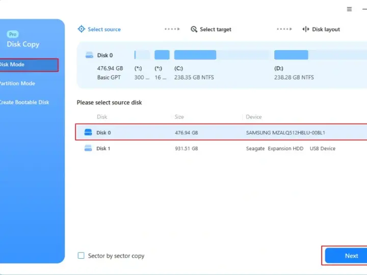 Interfejs programu do kopiowania dysków. Wybrano tryb "Disk Mode", zaznaczono "Disk 0" jako dysk źródłowy, gotowy do wykonania operacji, jak sklonować dysk.