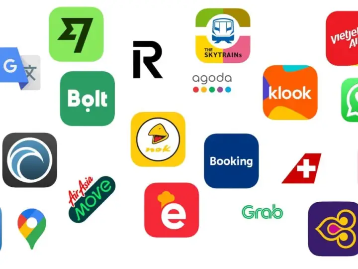 Apps für Reisen und Kommunikation in Thailand: Grab, Bolt, Klook, Agoda, Booking, Line, WhatsApp, Google Translate, Vietjet, Thai Lion Air, Air Asia Move.