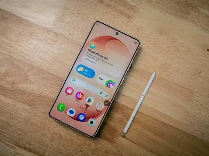 Samsung-telefon med stylus och simkort. En skärm visar "Good afternoon" och väder.
