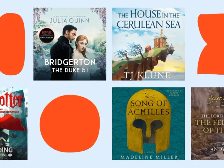 Kolekcja audiobooków po angielsku: "Bridgerton", "Harry Potter", "The House in the Cerulean Sea", "The Song of Achilles", "The Fellowship of the Ring".