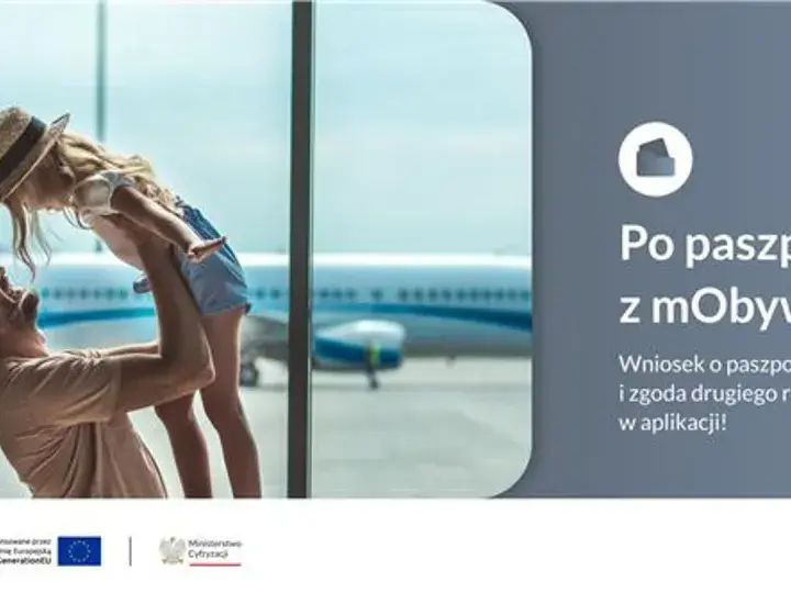 Ojciec podrzuca córkę na lotnisku. Wniosek o paszport tymczasowy dla dziecka do 12 lat załatwisz w aplikacji mObywatel.