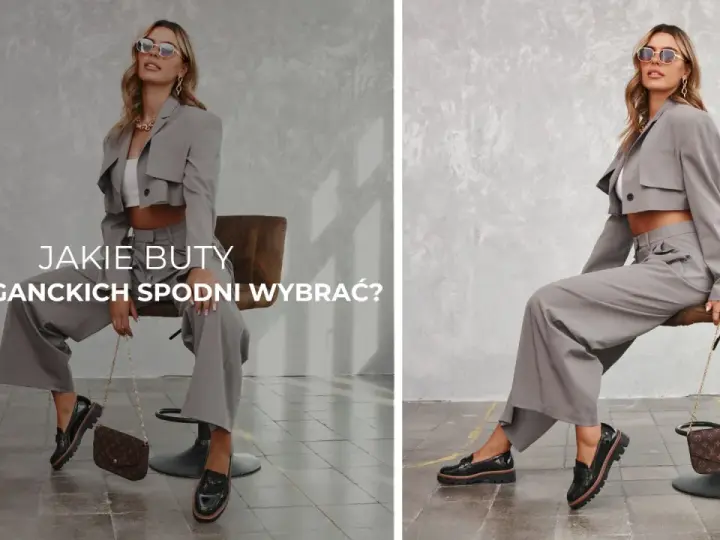 Kobieta w szarym garniturze z szerokimi nogawkami prezentuje, jakie buty do szerokich eleganckich spodni wybrać – czarne lakierowane mokasyny na grubej podeszwie.