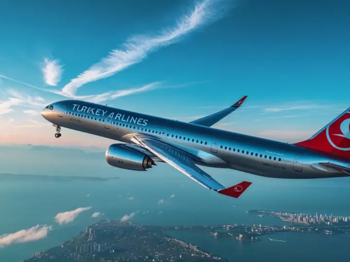 Samolot Turkish Airlines leci nad miastem i morzem przy zachodzącym słońcu.