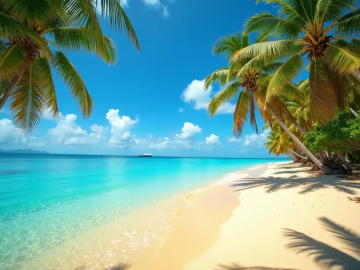 Rajska plaża z palmami i turkusową wodą. Idealne miejsce, gdzie jest cieplo w styczniu.
