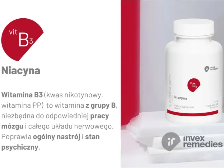 Witamina B3 (niacyna) wspiera pracę mózgu i układu nerwowego, poprawiając nastrój i stan psychiczny.