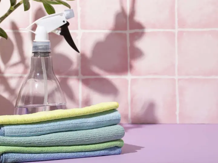 Stack of colorful microfiber cloths next to a spray bottle, ready for cleaning. Learn how to clean microfiber cloth effectively.