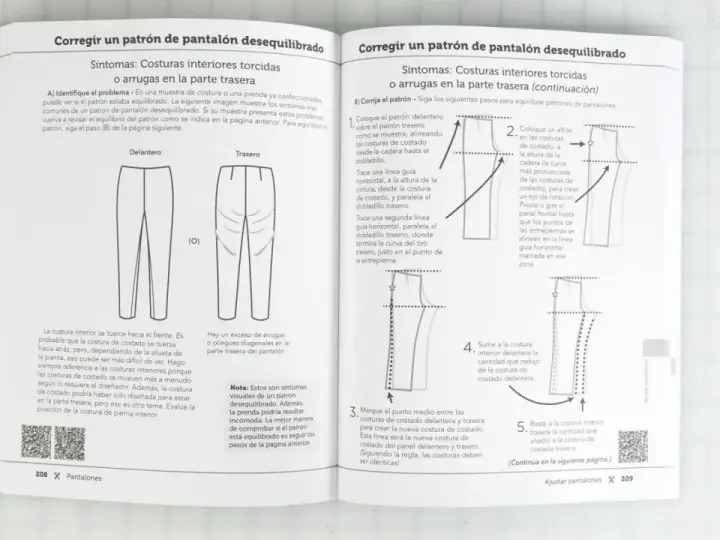 Diagramas y texto explican cómo corregir el vocabulario de costura en patrones de pantalones desequilibrados, mostrando cómo ajustar costuras para evitar arrugas.
