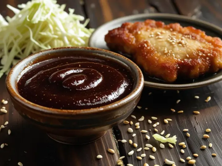 Gęsty, ciemny sos tonkatsu w miseczce, obok smażonego kotleta i poszatkowanej kapusty.