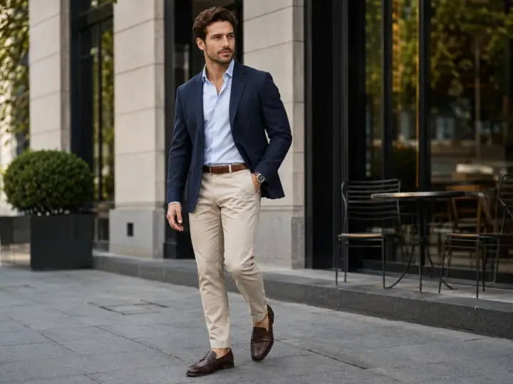 Mężczyzna w granatowej marynarce, błękitnej koszuli i beżowych spodniach prezentuje styl smart casual.