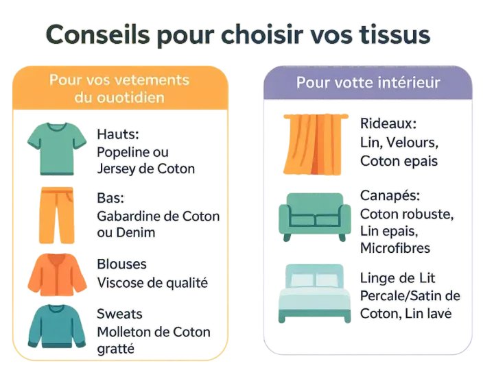 Conseils pour choisir vos tissus : vêtements du quotidien (coton, viscose) et décoration intérieure (lin, velours, coton épais).
