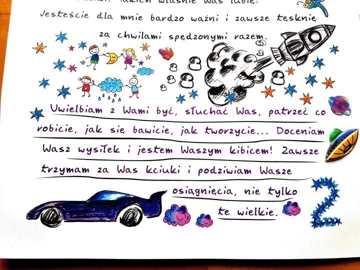 List do dziecka wzór: rysunki dzieci, rakieta, samochód i gwiazdki. Kocham Was!
