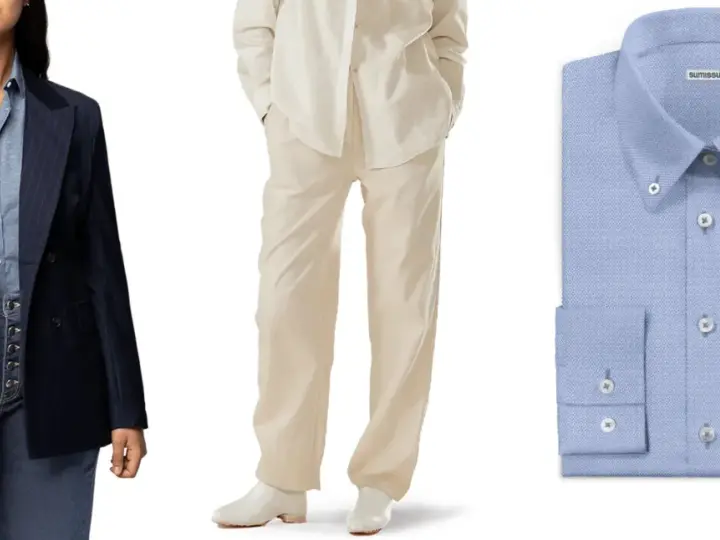 Traje a rayas azul marino, conjunto beige y camisa azul claro. La moda andrógina significa libertad de expresión.