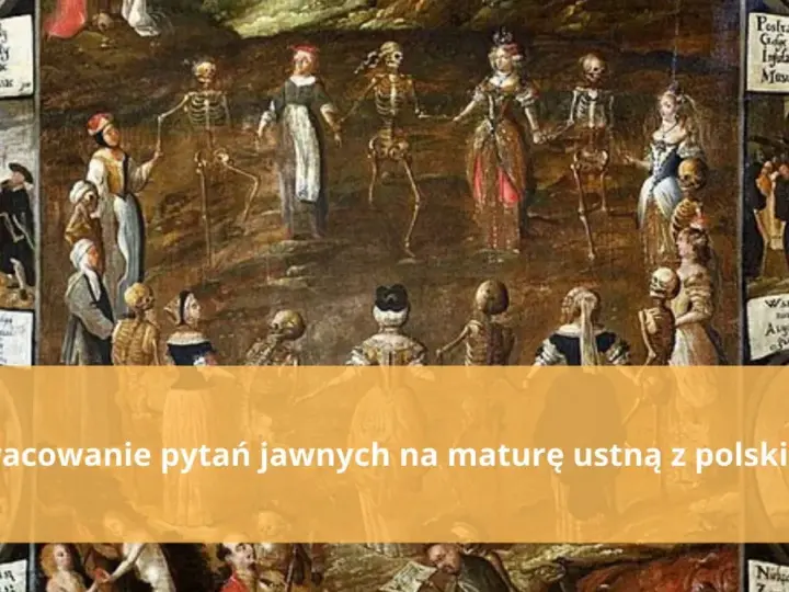 Obraz przedstawia motyw danse macabre, gdzie szkielety tańczą z ludźmi różnych stanów, przypominając o nieuchronności śmierci.