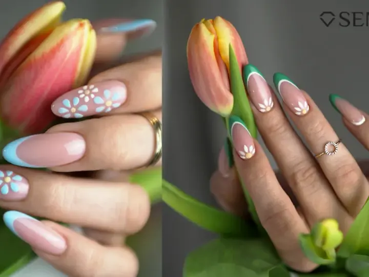 Manicure con fiori stilizzati e french colorato. Semipermanente unghie idee primaverili.