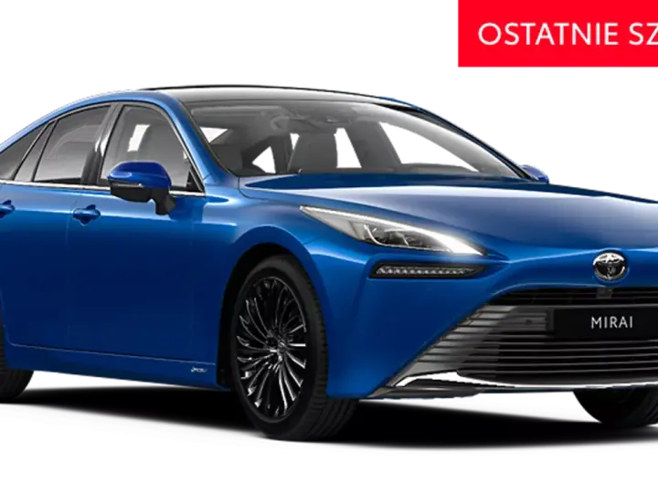 Niebieski Toyota Mirai, samochód wodorowy, pokazuje jak działa hybryda toyoty. Ostatnie sztuki!