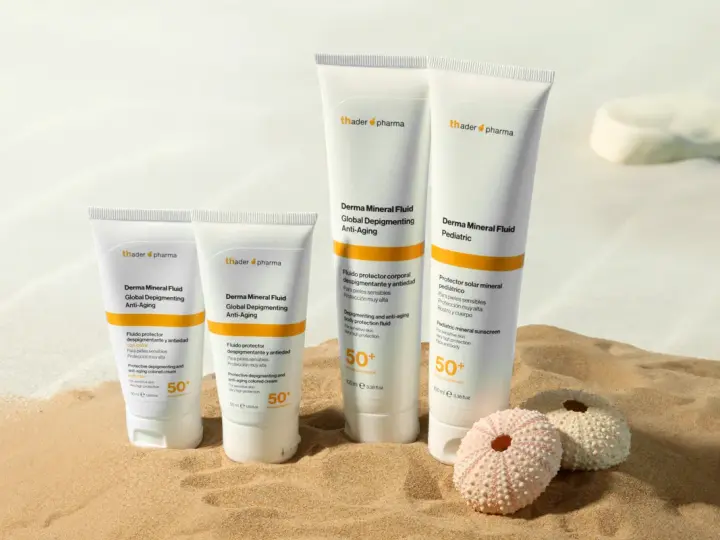 Cuatro tubos de crema solar biodegradable de Thader Pharma en la arena, con dos erizos de mar.