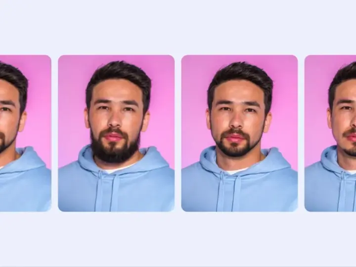 Hombre con diferentes tipos de barba para cara redonda: barba corta, poblada, de chivo y de tres días.