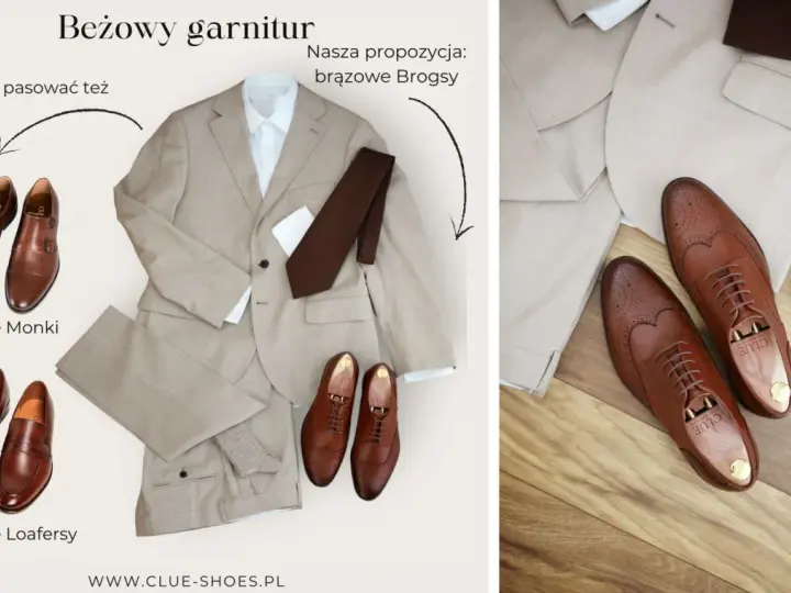 Beżowy garnitur i propozycje brązowych butów: Monki, Loafersy i Brogsy. Idealne buty do beżowego garnituru.