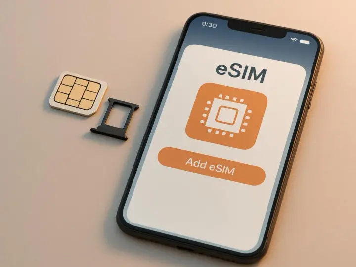 Smartphone con opzione "Add eSIM" e SIM fisica accanto, ideale per chi viaggia e fa roaming USA.