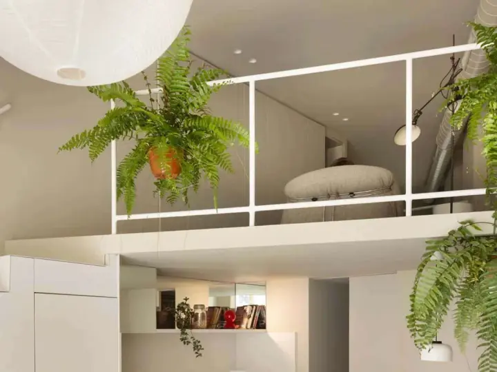 Idee case piccole con soppalco: un angolo lettura accogliente con piante rigogliose e un'atmosfera rilassante.