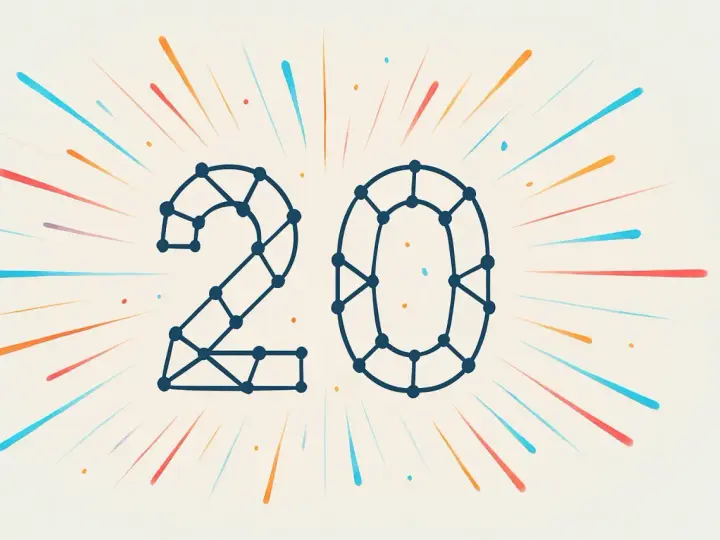 Il numero 20, formato da punti collegati, esplode in un'esplosione di colori, come un pecha kucha di idee.