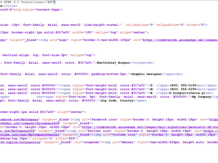 Kod HTML stopki email z danymi kontaktowymi i linkami do mediów społecznościowych.