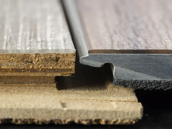 Detailaufnahme von Vinylboden-Schichten. Die sichtbaren Nachteile von Vinylboden zeigen sich in der Struktur.