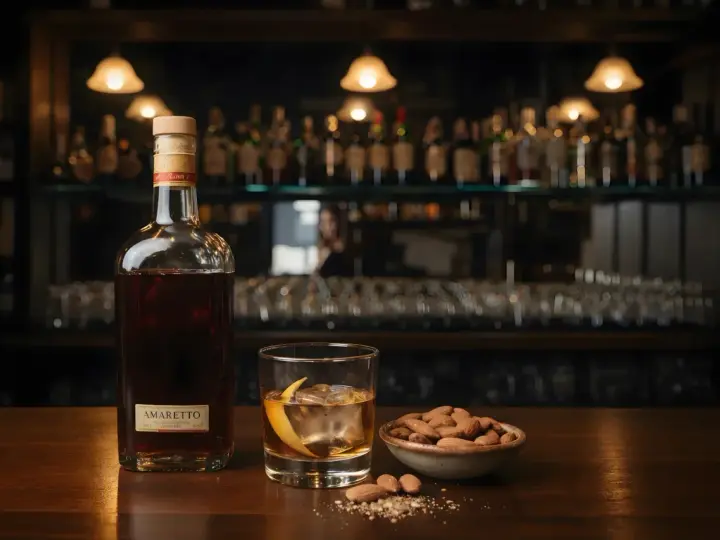 Butelka amaretto, szklanka z lodem i skórką pomarańczy, miseczka migdałów. Idealne połączenie, by dowiedzieć się, amaretto co to.