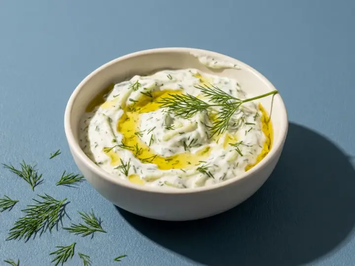 Schüssel mit cremigem Tzatziki, garniert mit Olivenöl und Dill. Perfekt für Ihr nächstes Tzatziki Rezept.