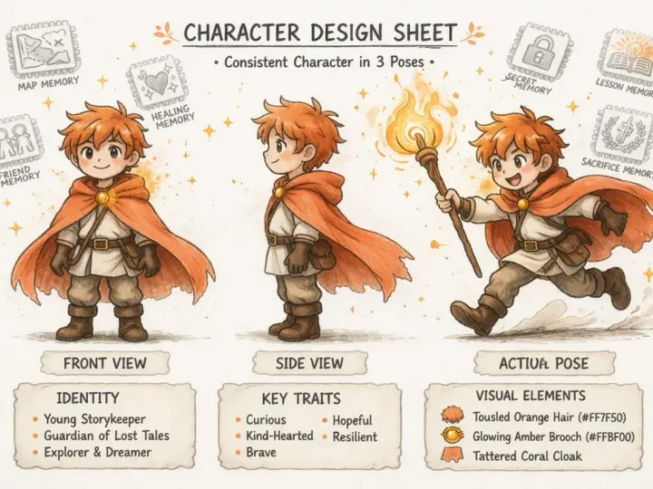 Diseño de personajes para historias: un joven aventurero con capa naranja, visto de frente, perfil y en acción con una antorcha.