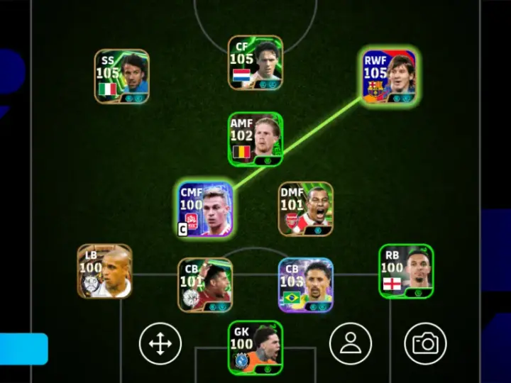 Formación 4-2-1-3 en efootball 2025, con jugadores como Messi y Roberto Carlos.