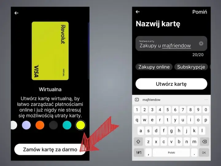 Jak aktywować kartę Revolut: wybierz kolor, nazwij kartę "Zakupy u majfriendow" i utwórz ją.