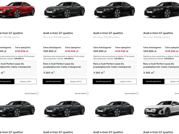 Cztery Audi e-tron GT quattro w różnych kolorach: czerwonym, ciemnoszarym i czarnym. Oferta specjalna na Audi e-tron GT quattro.