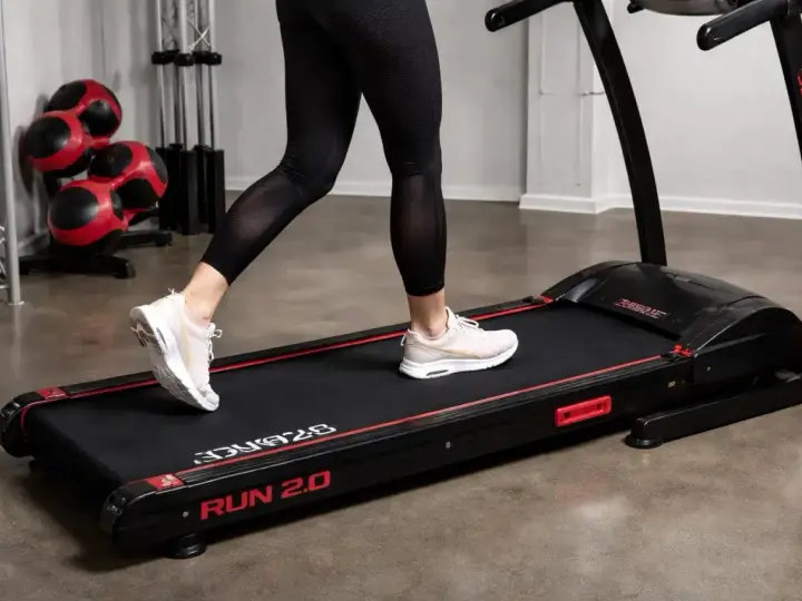 Person springer intervaller på löpbandet "RUN 2.0". Träningsredskap i bakgrunden.