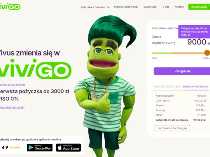 Zielona postać z włosami zachęca do wyboru kwoty pożyczki. Sprawdź, czy Vivus rozkłada na raty, wybierając kwotę 9000 zł.