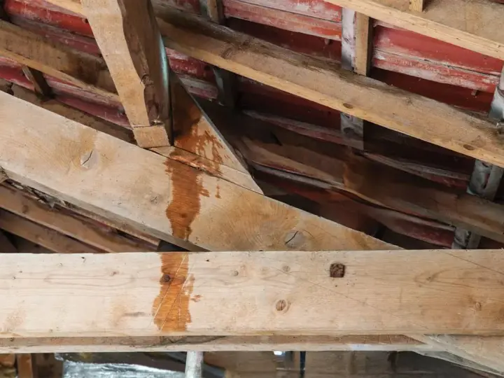 Traces d'humidité sur les poutres de charpente, indiquant une fuite à réparer sur la toiture.