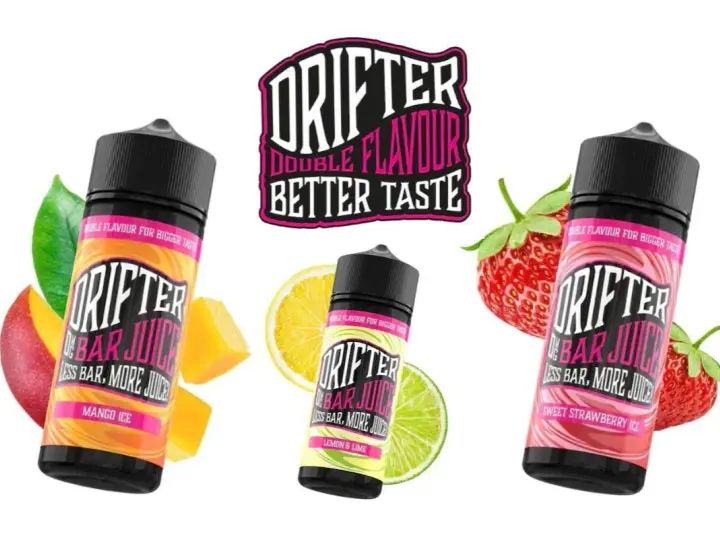 Tres botellas de jugos Drifter con sabores frutales: Mango Ice, Lemon & Lime y Sweet Strawberry Ice. ¡Disfruta de los sabores Drifter!