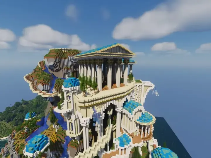 Majestatyczne budowle Minecraft na klifie, przypominające starożytną świątynię z niebieskimi kopułami i wodospadami.