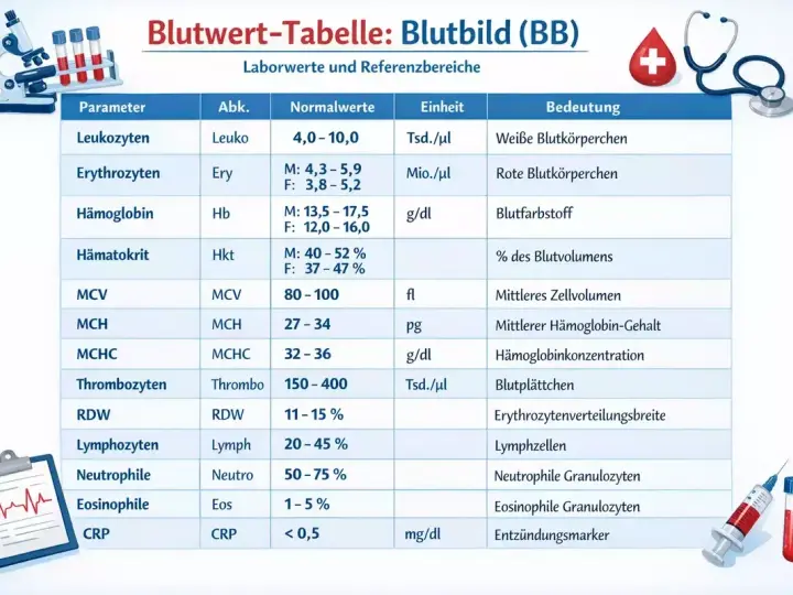 Blutbild-Tabelle: Erythrozyten wert (rote Blutkörperchen) mit Normalwerten und Bedeutung. Laborwerte für ein Blutbild.