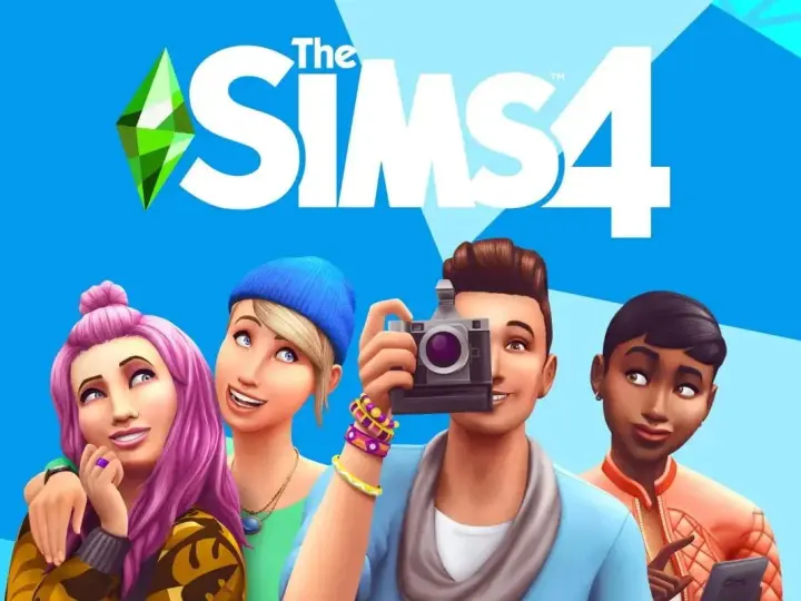 Grafika z logo The Sims 4 i czterema Simami, jeden z nich robi zdjęcie aparatem.