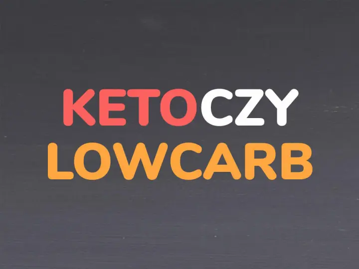 Napis KETO CZY LOW CARB w kolorach czerwonym, białym i pomarańczowym na ciemnym tle.